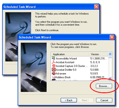 Scheduled Task Wizard Dialogs 1 & 2